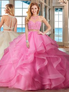 High End Baby Pink High-neck Neckline Beading and Ruffles 15 Quinceanera Dress Sleeveless Lace Up