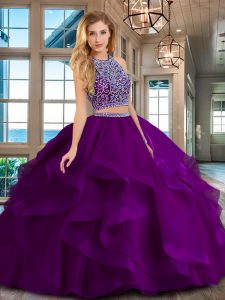 Scoop Purple Two Pieces Beading and Ruffles Quinceanera Gown Backless Tulle Sleeveless Floor Length