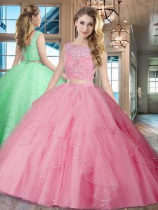 Graceful Tulle Bateau Sleeveless Brush Train Lace Up Lace and Ruffles Sweet 16 Dress in Rose Pink