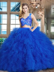 Elegant Royal Blue Sleeveless Lace and Ruffles Zipper Quinceanera Gowns