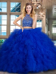 Hot Sale Halter Top Sleeveless Tulle Quince Ball Gowns Beading and Ruffles Brush Train Backless