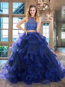 Halter Top Backless Ball Gown Prom Dress Royal Blue for Military Ball and Sweet 16 and Quinceanera with Beading and Ruffles Brush Train