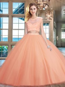 Ideal Scoop Peach Two Pieces Beading and Appliques Sweet 16 Dresses Zipper Tulle Cap Sleeves Floor Length