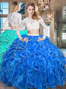 Royal Blue Zipper Scoop Beading and Lace and Ruffles Quinceanera Gown Organza Long Sleeves