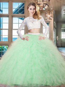 Ideal Apple Green Two Pieces Scoop Long Sleeves Tulle Floor Length Zipper Beading and Lace and Ruffles Sweet 16 Dresses