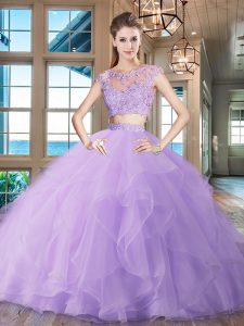 Scoop Cap Sleeves Organza With Brush Train Zipper Sweet 16 Dresses in Lavender with Beading and Appliques and Ruffles