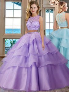 Tulle Scoop Sleeveless Zipper Beading and Appliques and Ruffled Layers Quinceanera Dresses in Lavender