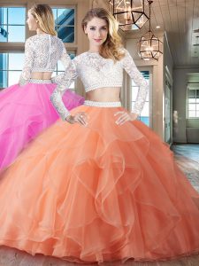 Best Scoop Orange Organza Zipper Quinceanera Dresses Long Sleeves Brush Train Beading and Lace and Ruffles