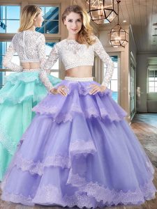 Scoop Long Sleeves Floor Length Beading and Lace and Ruffled Layers Zipper Ball Gown Prom Dress with Lavender