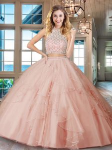 Halter Top Sleeveless Floor Length Beading and Ruffles Backless Quince Ball Gowns with Pink