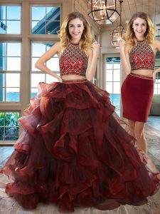 Halter Top Burgundy Sleeveless Beading and Ruffles Backless Quinceanera Gowns