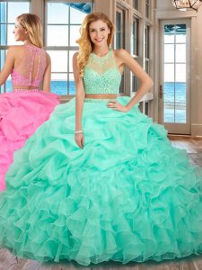 Top Selling Apple Green Two Pieces Beading and Ruffles Sweet 16 Quinceanera Dress Lace Up Organza Sleeveless Floor Length