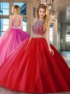 Scoop Backless Red Sleeveless Beading Floor Length 15 Quinceanera Dress