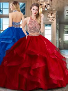 Eye-catching Backless Halter Top Sleeveless Vestidos de Quinceanera With Brush Train Beading and Ruffles Red Tulle