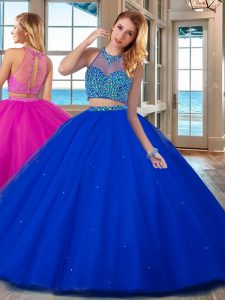 Dynamic Royal Blue Sleeveless Floor Length Beading Lace Up Sweet 16 Dress
