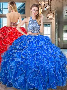 Cheap Organza Halter Top Sleeveless Backless Beading and Ruffled Layers 15th Birthday Dress in Royal Blue