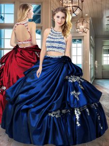 Discount Scoop Pick Ups Royal Blue Sleeveless Taffeta Backless Sweet 16 Dresses for Military Ball and Sweet 16 and Quinceanera