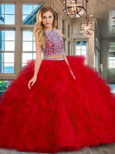 Clearance Scoop Backless Tulle Sleeveless Floor Length Quinceanera Gowns and Beading and Ruffles