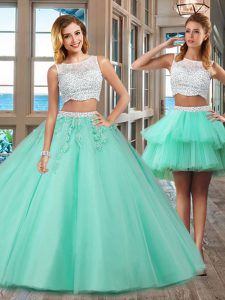 Admirable Beading and Appliques Quinceanera Gowns Apple Green Side Zipper Sleeveless Floor Length
