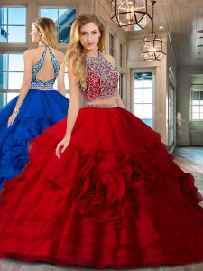 Smart Floor Length Red Quinceanera Gown Scoop Sleeveless Backless