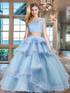 Scoop Cap Sleeves Beading and Lace and Appliques and Ruffled Layers Zipper 15 Quinceanera Dress