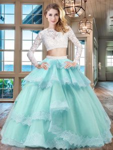Elegant Scoop Long Sleeves Tulle and Lace Floor Length Zipper Quinceanera Gowns in Aqua Blue with Beading and Lace and Ruffled Layers