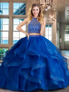 Halter Top Sleeveless Tulle Brush Train Backless Ball Gown Prom Dress in Royal Blue with Beading and Ruffles