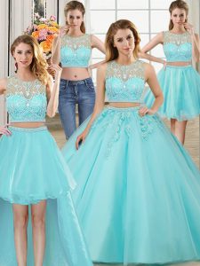 Four Piece Scoop Aqua Blue Zipper Ball Gown Prom Dress Beading and Appliques Sleeveless Floor Length