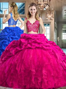 Deluxe Sleeveless Taffeta and Tulle Brush Train Zipper 15th Birthday Dress in Fuchsia with Lace and Ruffles and Pick Ups