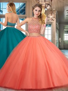 Orange Red Two Pieces Tulle Halter Top Sleeveless Beading Floor Length Backless Quinceanera Gown