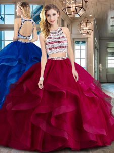 Excellent Scoop Sleeveless Tulle With Brush Train Backless Sweet 16 Dress in Wine Red with Beading and Ruffles
