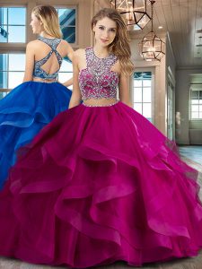 Scoop Fuchsia Two Pieces Beading and Ruffles Damas Dress Criss Cross Tulle Sleeveless With Train