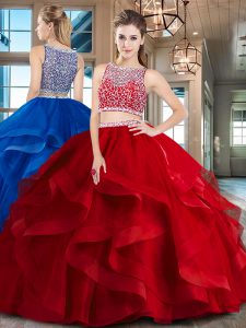 Red Sleeveless Beading and Ruffles Floor Length Sweet 16 Dress