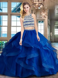 Sexy Scoop Royal Blue Sleeveless Tulle Brush Train Backless 15 Quinceanera Dress for Military Ball and Sweet 16 and Quinceanera