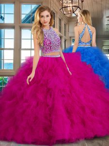 Fashion Fuchsia Scoop Neckline Beading and Ruffles Quinceanera Gown Sleeveless Backless