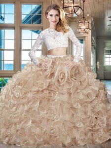Scoop Long Sleeves Organza Brush Train Zipper Ball Gown Prom Dress in Champagne with Beading and Lace and Ruffles