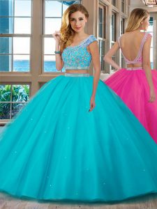Scoop Backless Tulle Cap Sleeves Floor Length Sweet 16 Dress and Beading and Ruffles
