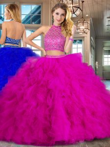 Fancy Halter Top Fuchsia Sleeveless Tulle Brush Train Backless Vestidos de Damas for Military Ball and Sweet 16 and Quinceanera