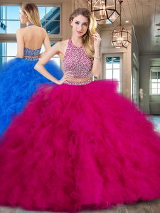 Halter Top Fuchsia Backless Quinceanera Gowns Beading and Ruffles Sleeveless With Brush Train
