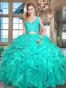Sleeveless Floor Length Lace and Ruffles Zipper Party Dress for Girls with Turquoise
