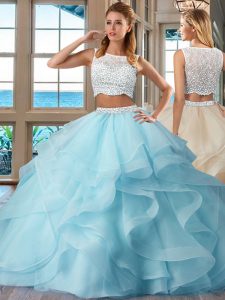Gorgeous Floor Length Side Zipper Quinceanera Dress Light Blue for Military Ball and Sweet 16 and Quinceanera with Beading and Ruffles