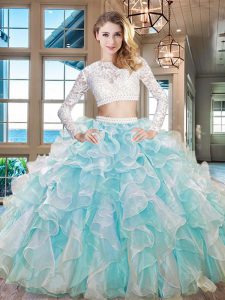 Discount Scoop Aqua Blue Long Sleeves Floor Length Beading and Lace and Ruffles Zipper 15 Quinceanera Dress