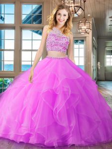 Pretty Scoop Sleeveless With Train Beading and Ruffles Backless Sweet 16 Quinceanera Dress with Fuchsia Brush Train