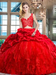 Pretty Sleeveless Lace and Ruffles and Pick Ups Zipper Ball Gown Prom Dress with Red Brush Train