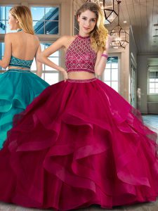 Discount Halter Top Backless Tulle Sleeveless Quinceanera Dresses Brush Train and Beading and Ruffles