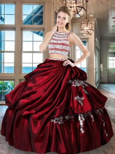 Glamorous Scoop Wine Red Two Pieces Beading and Appliques and Pick Ups Sweet 16 Dress Backless Taffeta Sleeveless Floor Length