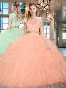 Comfortable Scoop Cap Sleeves Tulle Floor Length Zipper 15 Quinceanera Dress in Peach with Beading and Ruffles