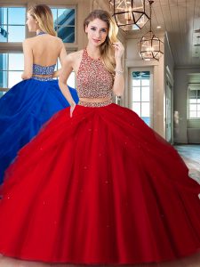Fabulous Halter Top Sleeveless Tulle 15th Birthday Dress Beading and Pick Ups Backless