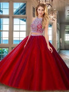 Fashion Tulle Scoop Sleeveless Backless Beading 15 Quinceanera Dress in Red