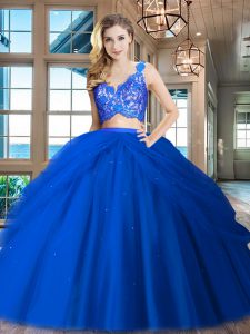 New Arrival Royal Blue Sleeveless Lace and Ruffled Layers Floor Length Vestidos de Quinceanera